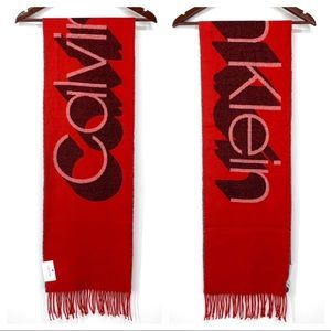 Calvin Klein Bold Red & Black Winter Scarf 3D Spellout Woven Knit Fringe New Nwt